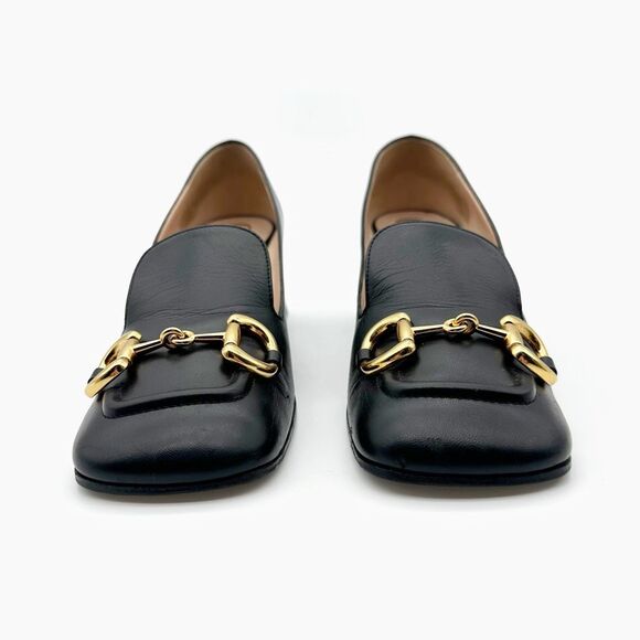 GUCCI Black Baby Bit Horsebit Square Toe Pump Size 39.5 Leather Block Heel - Picture 7 of 12